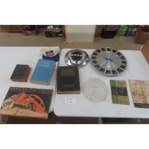 2 Ford Hubcaps , Assorted Auto + Farm Manuals, Clear Glass Lens 