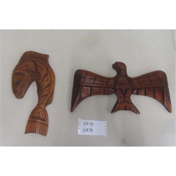 2 Carved Nature Wall Art Pieces ; Eagle by Dean White, Salmon by Rodney Thomas Coast Salish