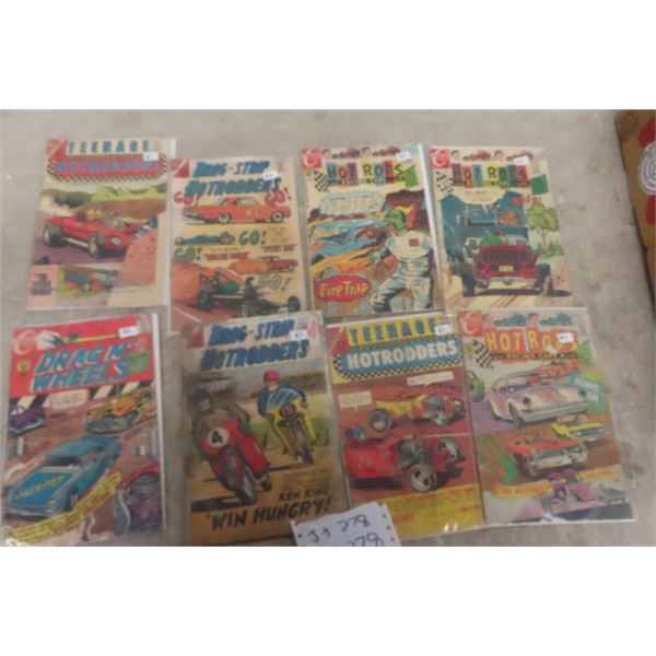 8 Vintage Comics ; Teenage Hot Rodder, Drag Strip Hot Rodders, Drag n Wheels - 12 cents + 15 cents