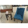 Image 1 : Nice Blue Upholstered High Back Chair with Wood Side Table 25 x 18 1/2 x 17'' 