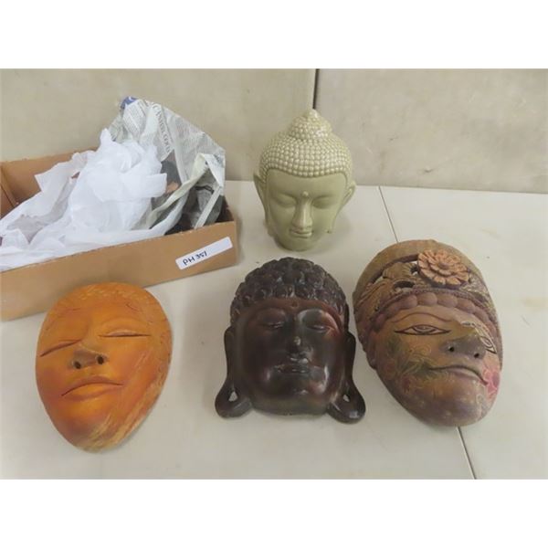 3 Wood Tribal Style Masks, Porcelain Head 