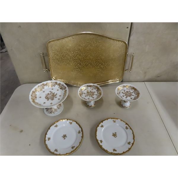 3 Hand Painted Porcelain De France Candy Dishes, 2 China Plates, Brass Tray