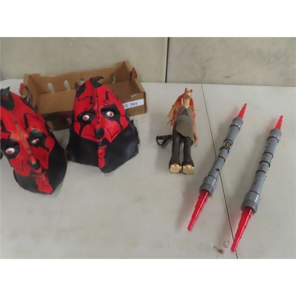 Talking Jar Jar Binks Figure , 2 Darth Maul Masks , 2 Empty  Darth Maul Candy Dispensers 