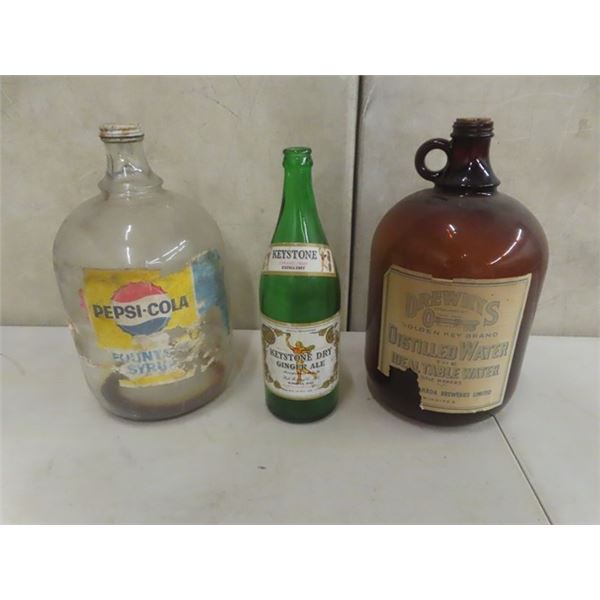 3 Paper Label Bottles - Pepsi Syrup Jug, Drewrys Distilled Water Keystone 28 OZ Pop 