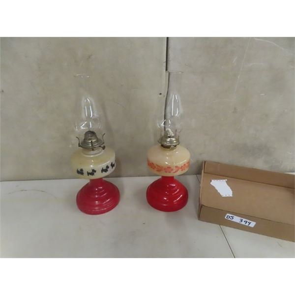 2 Coal Oil Lamps with Chimneys - 1 White, 1 Red, 1 with Scotty Dogs 