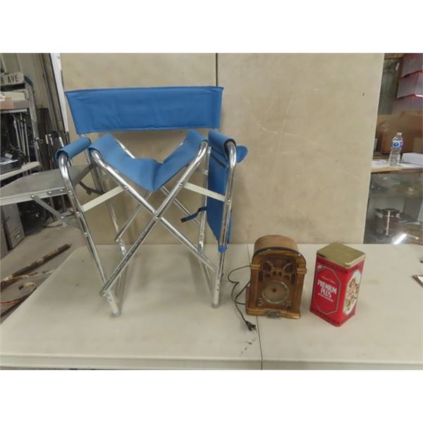 Small Table Radio, Collector Cracker Tin, Folding Chair with Side Table 