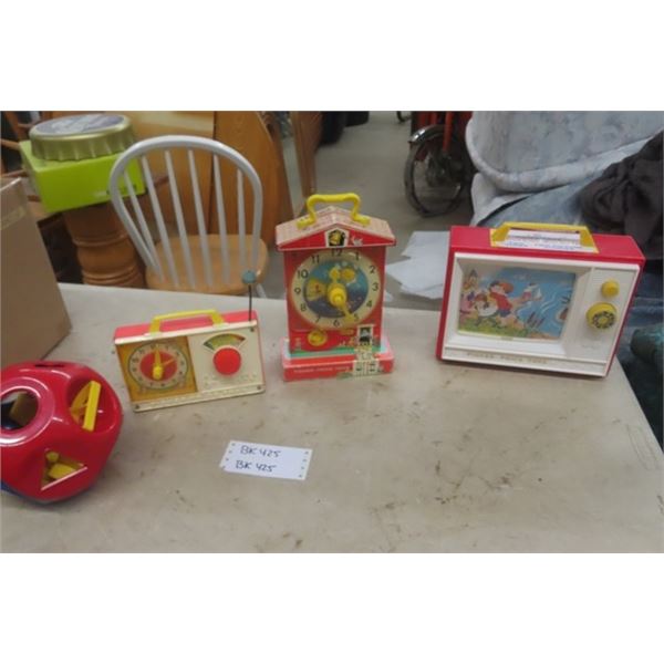 3 Fisher Price Vintage Toys, 2 Clocks & TV Musical with Tupperware Shaped Ball 