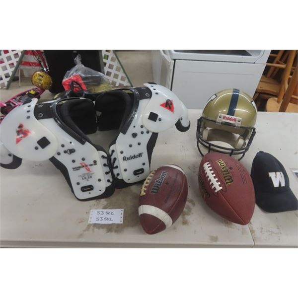 Riddell Football Shoulder/Chest Pads Size 19-20 XL , Riddell Bombas Helmet , 2 Footballs, Cap, Ticke