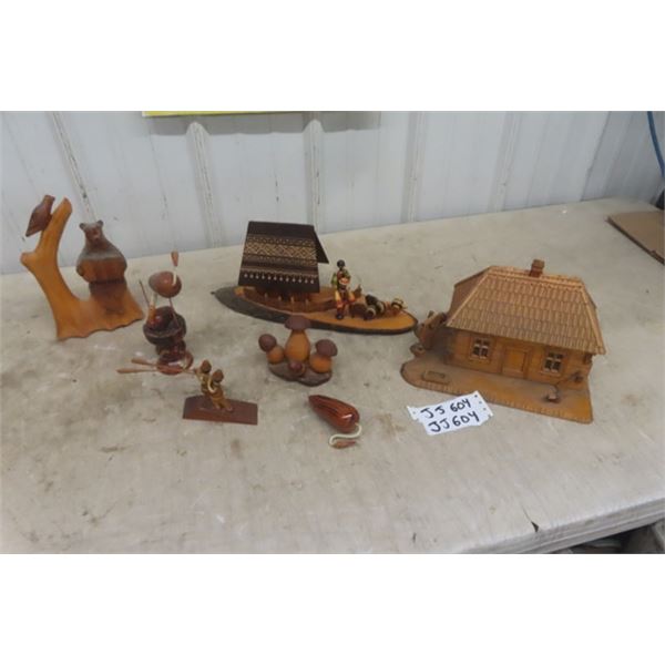 Wood CArved Ornaments ; Bear, Bird, Cabin, plus more