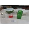 Image 1 : Green Depression Glass Sugar Jar, Almond Jar, Pyrex Container with Lid, 2 Pyrex Bowls