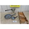 Image 1 : Chrome Fruit Juicer Sieve on Stand, Cabbage Cutter, 2 Enamel Fry Pans