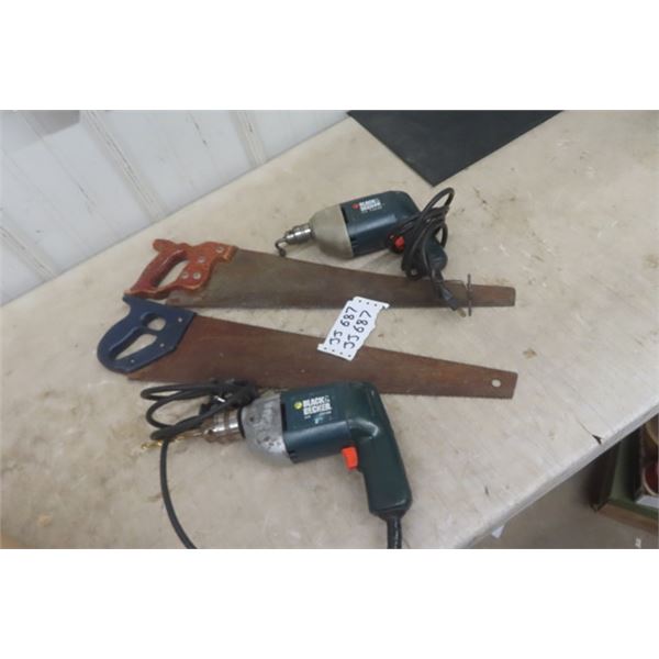 2 Hand Saws & 2 B+D Power Drills 3.5A