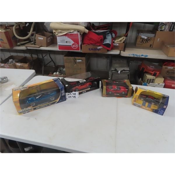 4 Die Cast Cars with Boxes - 2009 Corvette Scale 1:18, Chevrolet Corvette 1:24 Scale, Opel Speedster