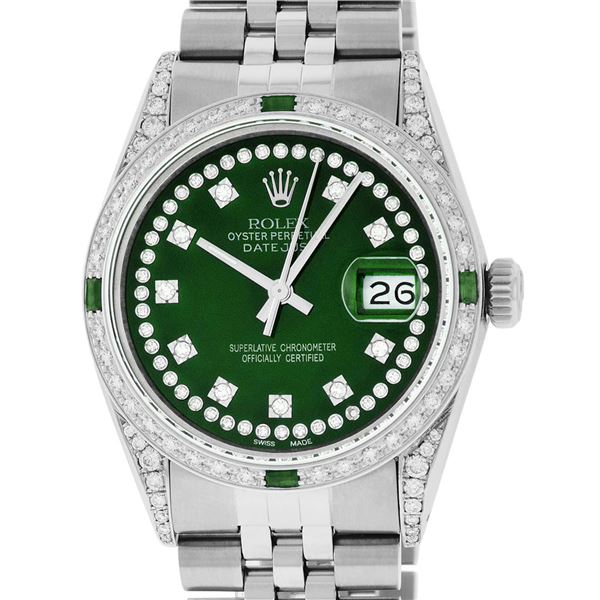 Rolex Mens Stainless Steel Green Diamond Lugs & Emerald Datejust Wristwatch