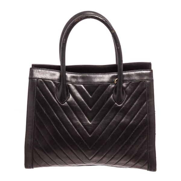 Chanel Black Leather Double Handle Tote Bag