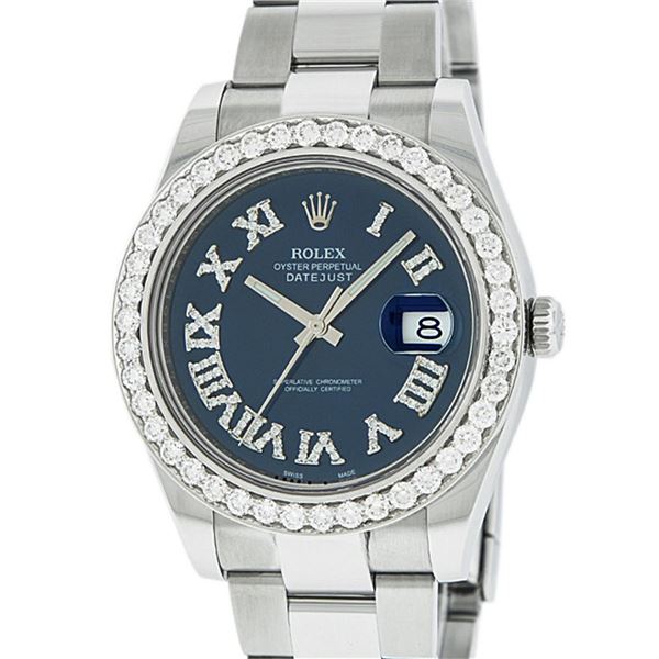 Rolex Mens Stainless Steel Blue Roman Diamond 41MM Datejust 2 Wristwatch