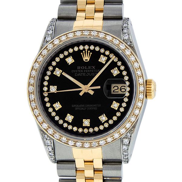 Rolex Mens 2 Tone Black Diamond Lugs 36MM Datejust Wristwatch