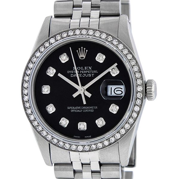 Rolex Mens Stainless Steel Black Diamond 36MM Datejust Wristwatch