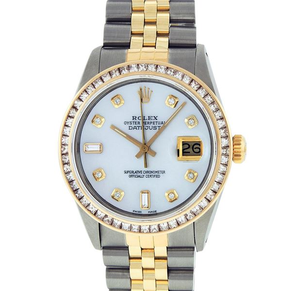 Rolex Mens 2 Tone MOP Princess Cut Diamond Datejust Wristwatch