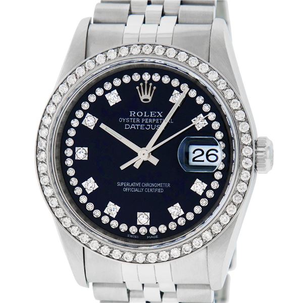 Rolex Mens Stainless Steel Black Diamond 36MM Datejust Wristwatch