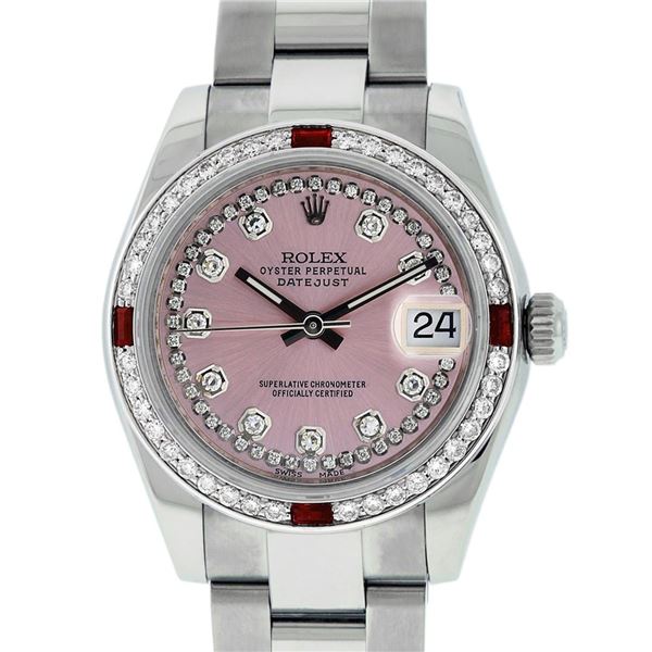 Rolex Womens Midsize 31mm Pink String Diamond & Ruby Datejust Wristwatch