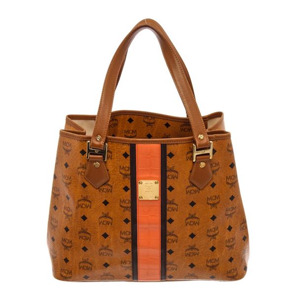 MCM Brown Visetos Leather-Trimmed Tote Bag