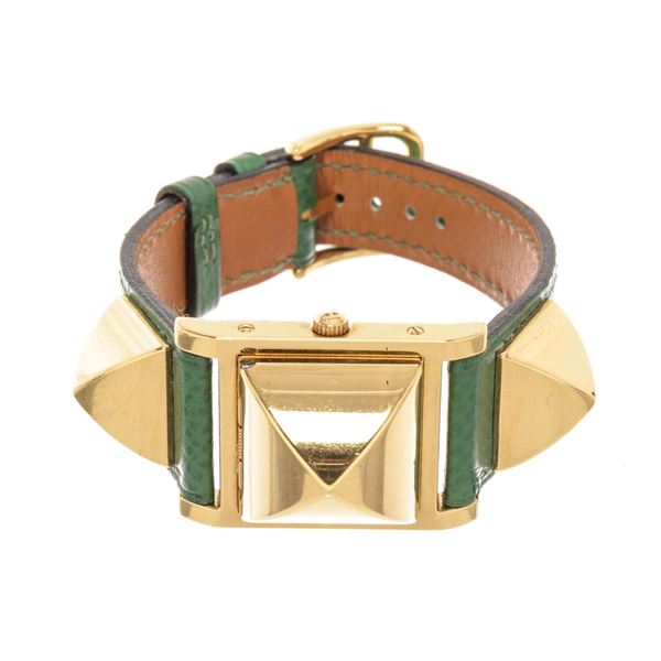 Hermes Green Gold Steel and Leather Medor PM Quartz Watch