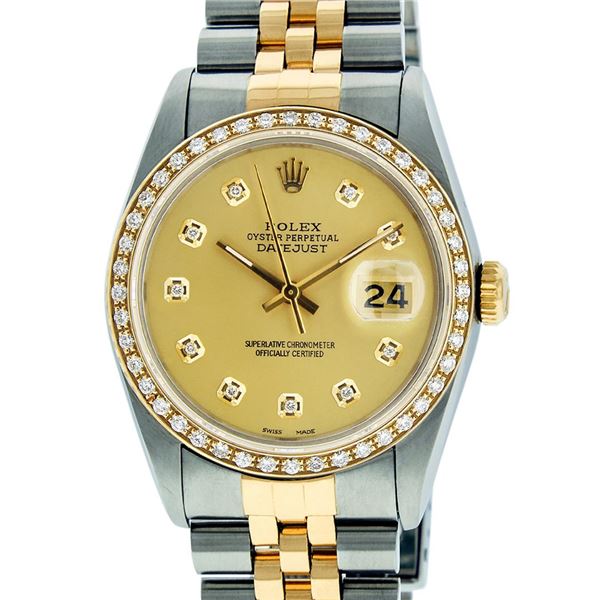 Rolex Mens 2 Tone Champagne Diamond 36MM Datejust Wristwatch