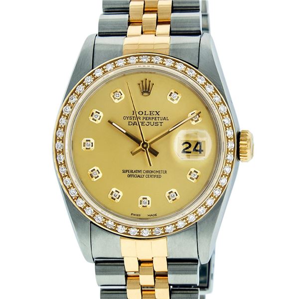 Rolex Mens 2 Tone Champagne Diamond 36MM Datejust Wristwatch