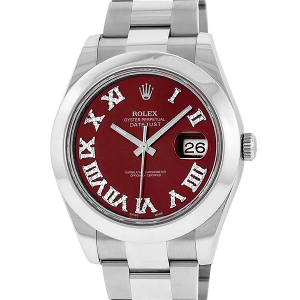 Rolex Mens SS 41MM Red Roman Diamond Datejust 2 Oyster Band Wristwatch