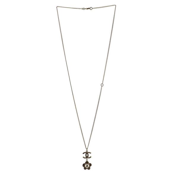Chanel Gold-tone Metal CC Flower Faux Pearl Drop Pendant Necklace
