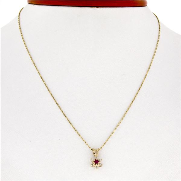 Petite 14K Yellow Gold 0.10 ctw Ruby & Diamond Flower Cluster Pendant & 16" Chai