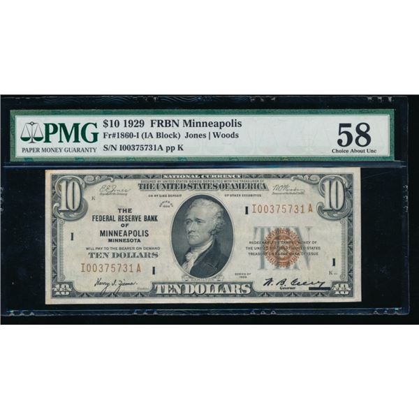 1929 $10 Minneapolis FRBN PMG 58