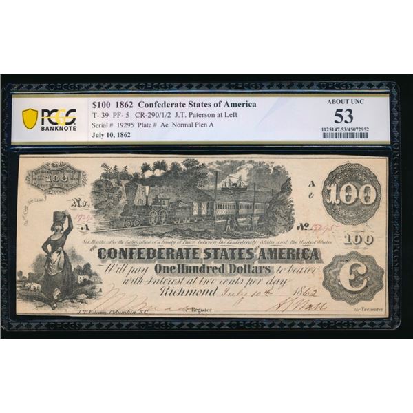 1862 $100 T-39 Confederate PCGS 53