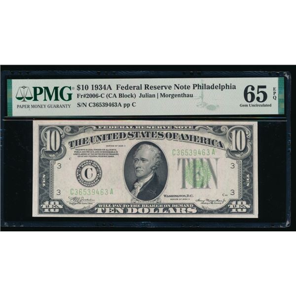1934A $10 Philadelphia FRN PMG 65EPQ