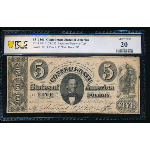 1861 $5 T-34 Confederate PCGS 20