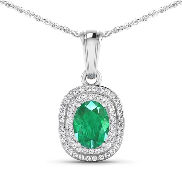 14KT White Gold 1.00ct Emerald and Diamond Pendant with Chain
