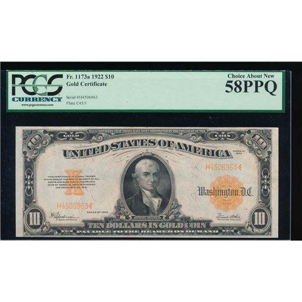 1922 $10 Gold Certificate PCGS 58PPQ