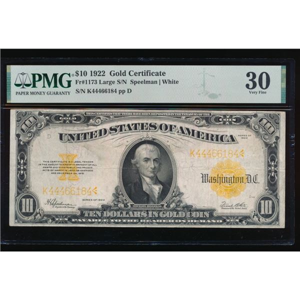 1922 $10 Gold Certificate PMG 30
