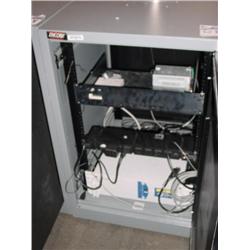SERVER RACK, UPS, MODEM, POWER STRIP