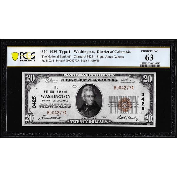 1929 $20 NB of Washington, D.C. Ch# 3425 National Note PCGS Choice Uncirculated 63