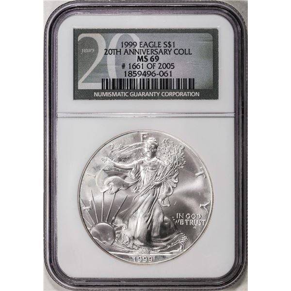 1999 $1 American Silver Eagle Coin NGC MS69 20th Anniversary