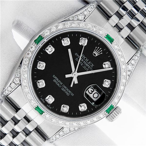 Rolex Men's Stainless Steel Diamond and Emerald Datejust Wristwatch with Rolex Box