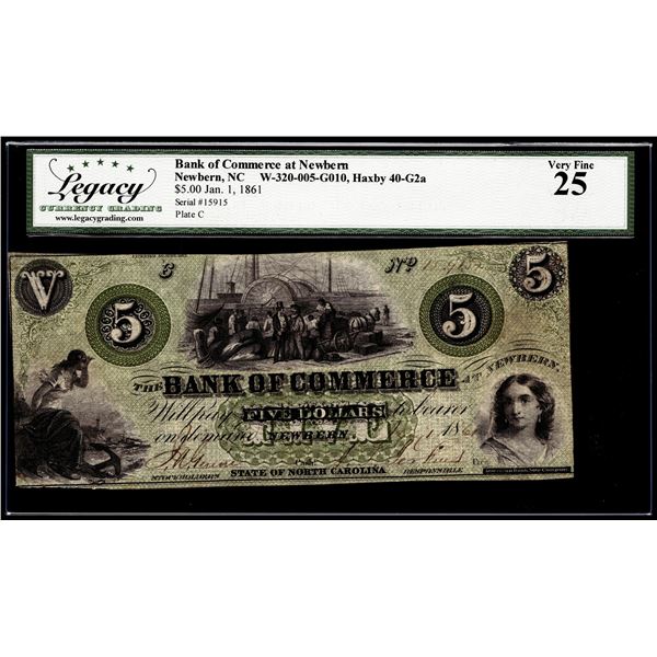 1861 $5 The Bank of Commerce at Newbern, NC Obsolete Note Legacy Very Fine 25