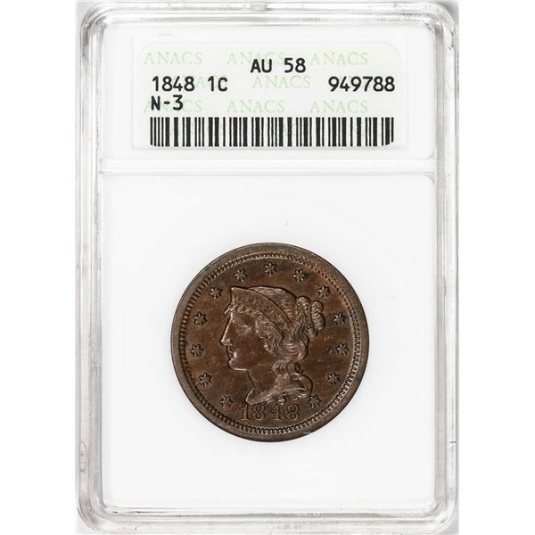 1848 N-3 Repunched Date Coronet Head Large Cent Coin ANACS AU58