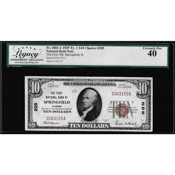 1929 $10 The First NB Springfield, IL CH# 205 National Note Legacy Extremely Fine 40
