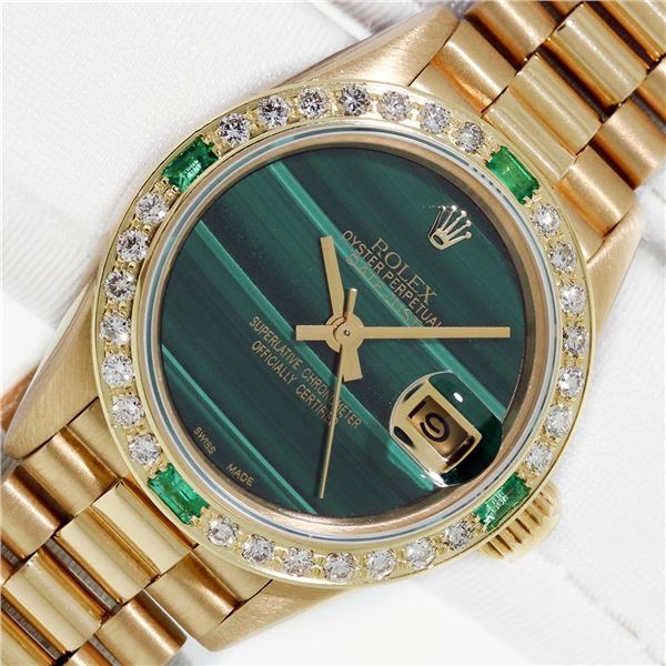 Rolex Ladies 18K Yellow Gold Malachite Dial Diamond And Emerald President Wristwatch
