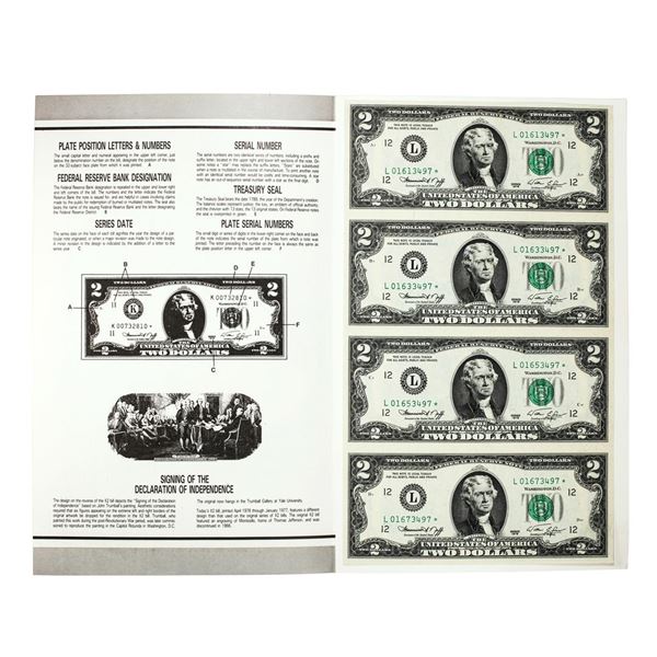 Uncut Sheet of (4) 1976 $2 Federal Reserve Star Notes San Francisco