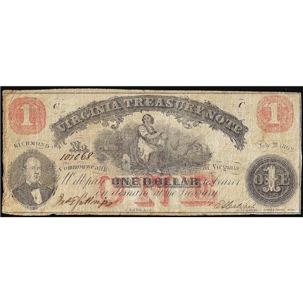 1862 $1 Virginia Treasury Richmond, VA Obsolete Note