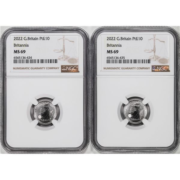 Lot of (2) 2022 Great Britain 10 Pounds Britannia 1/10oz Platinum Coins NGC MS69